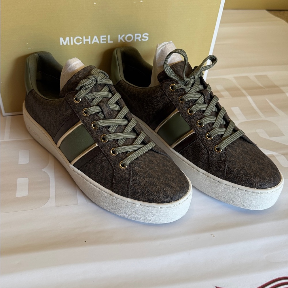 Michael Kors Brown Poppy Stripe Lace Up Sneakers in Box